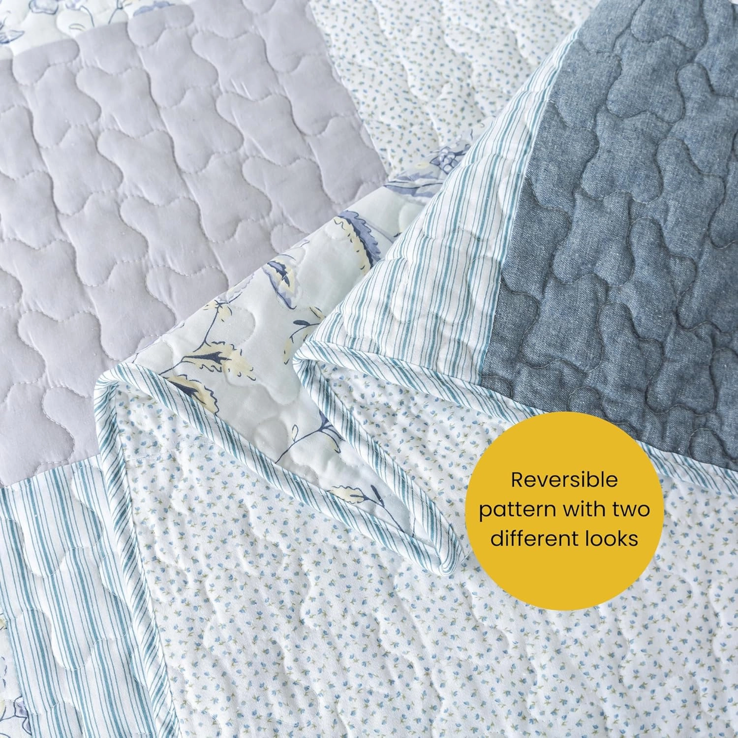 SLPR Coastal Dream Cotton Pieced Quilt Set - Twin Size with 1 Sham, Soft Purple & Blue Patchwork Quilted Bedspread, Farmhouse Country Style Bedding for All Seasons