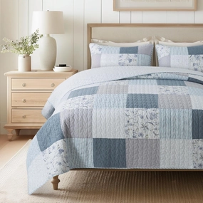 SLPR Coastal Dream Cotton Pieced Quilt Set - Twin Size with 1 Sham, Soft Purple & Blue Patchwork Quilted Bedspread, Farmhouse Country Style Bedding for All Seasons