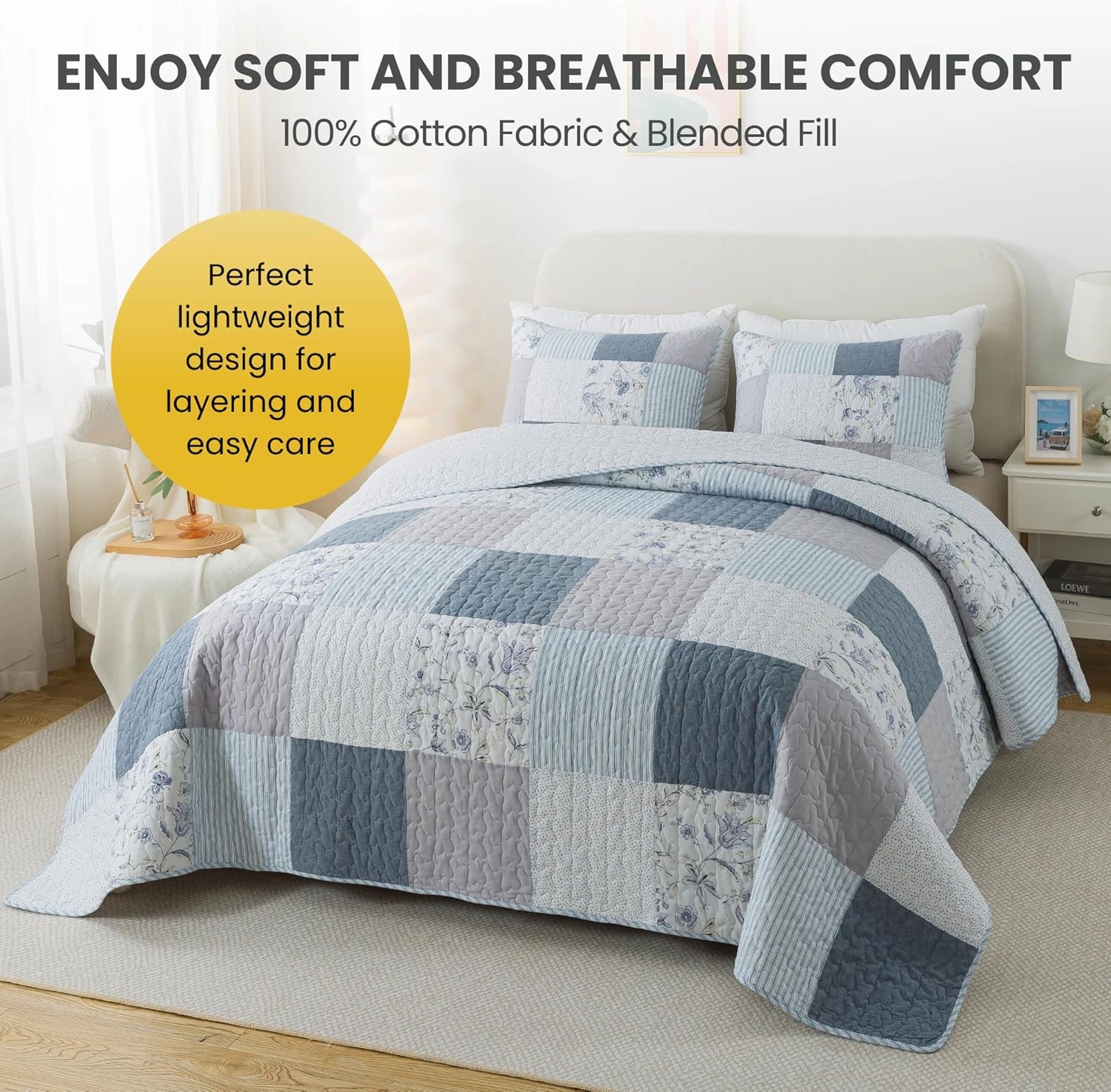 SLPR Coastal Dream Cotton Pieced Quilt Set - Twin Size with 1 Sham, Soft Purple & Blue Patchwork Quilted Bedspread, Farmhouse Country Style Bedding for All Seasons
