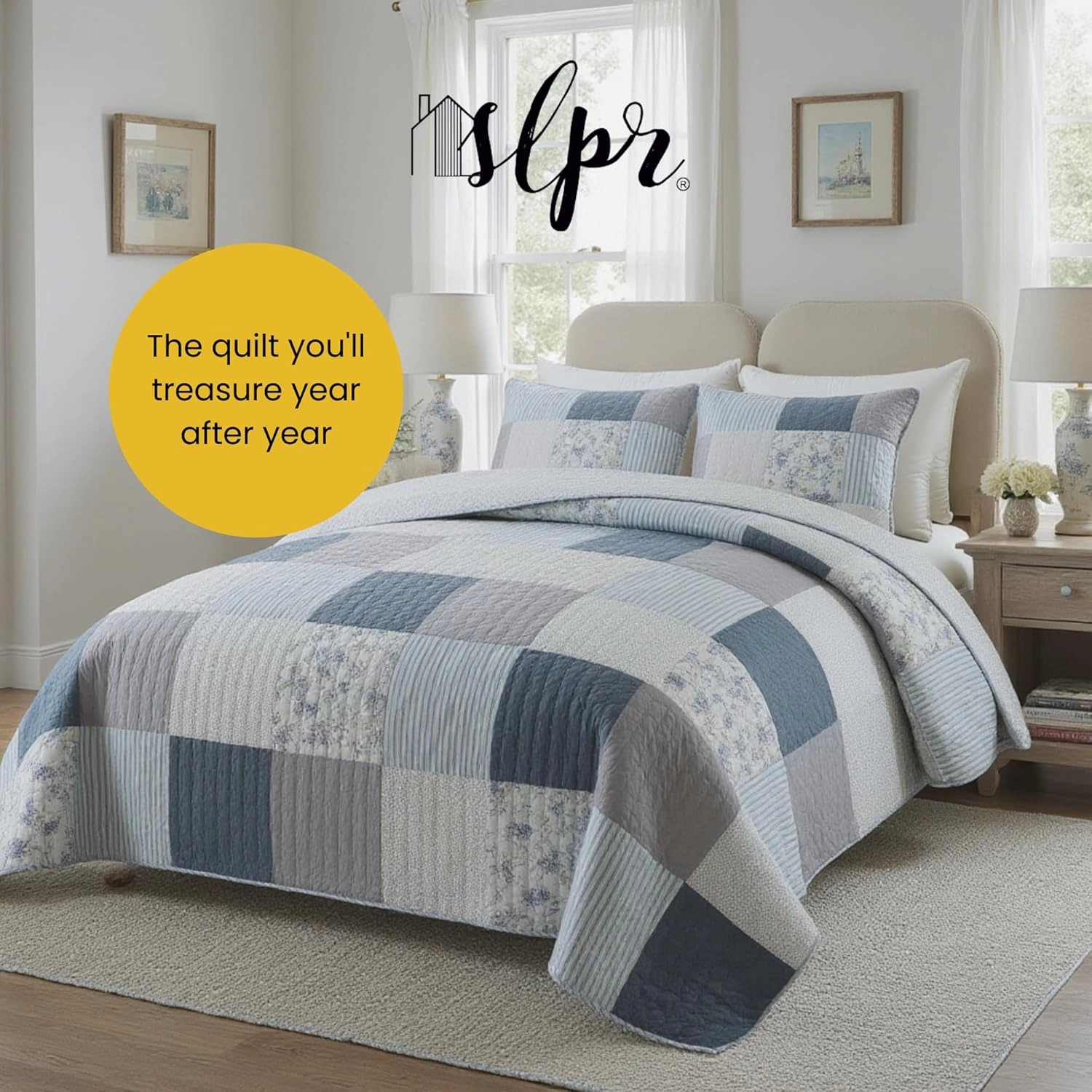 SLPR Coastal Dream Cotton Pieced Quilt Set - Twin Size with 1 Sham, Soft Purple & Blue Patchwork Quilted Bedspread, Farmhouse Country Style Bedding for All Seasons