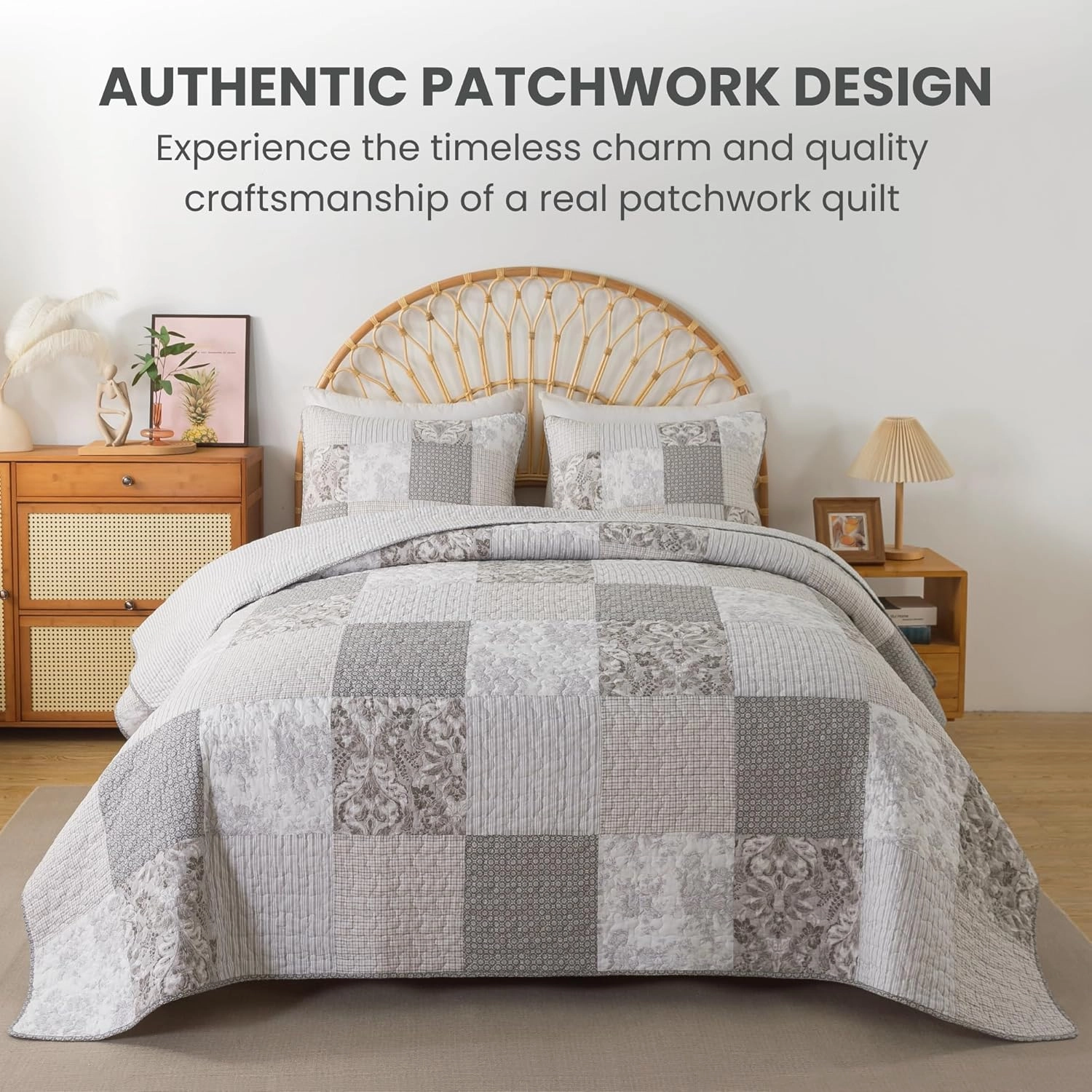 SLPR Silver Linings Cotton Quilt Set - Queen Size with 2 Shams, Neutral Pieced Patchwork Design, Country Silver Gray Quilted Comforter, Lightweight Summer Farmhouse Bedspread
