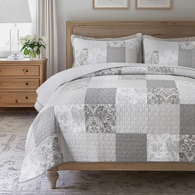 SLPR Silver Linings Cotton Quilt Set - Queen Size with 2 Shams, Neutral Pieced Patchwork Design, Country Silver Gray Quilted Comforter, Lightweight Summer Farmhouse Bedspread