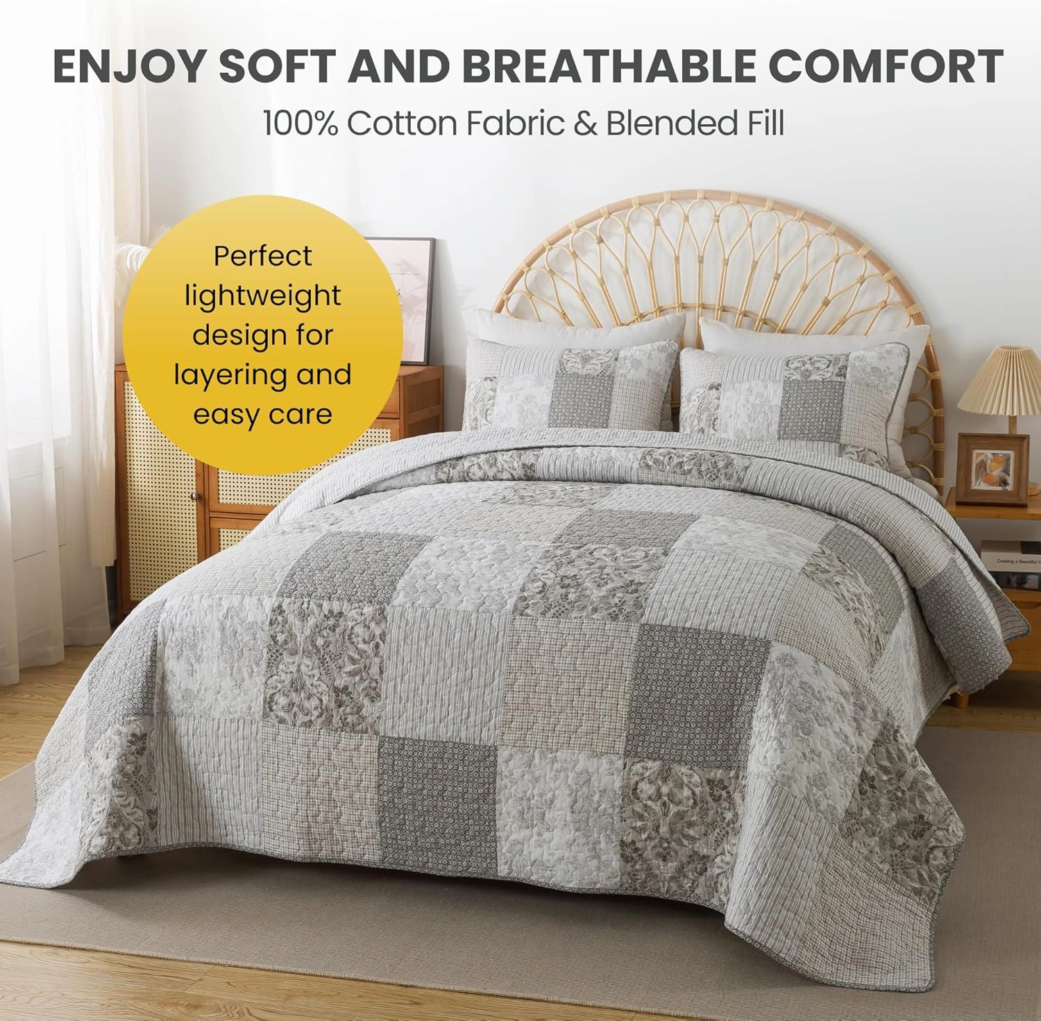 SLPR Silver Linings Cotton Quilt Set - Queen Size with 2 Shams, Neutral Pieced Patchwork Design, Country Silver Gray Quilted Comforter, Lightweight Summer Farmhouse Bedspread