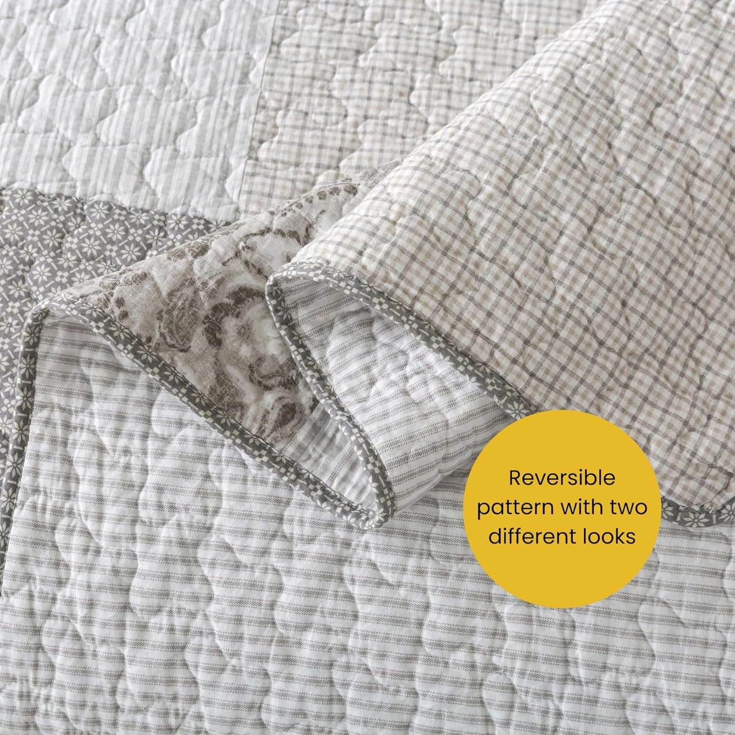 SLPR Silver Linings Cotton Quilt Set - Queen Size with 2 Shams, Neutral Pieced Patchwork Design, Country Silver Gray Quilted Comforter, Lightweight Summer Farmhouse Bedspread