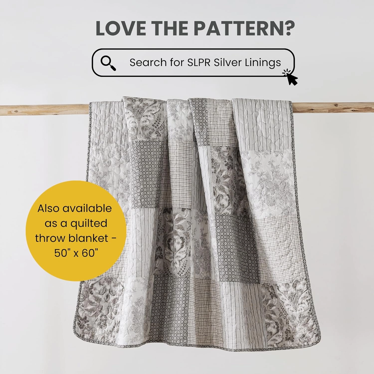 SLPR Silver Linings Cotton Quilt Set - Queen Size with 2 Shams, Neutral Pieced Patchwork Design, Country Silver Gray Quilted Comforter, Lightweight Summer Farmhouse Bedspread