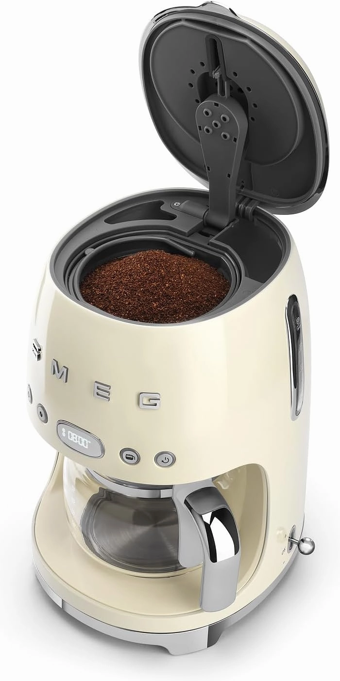 Smeg 50's Retro Style Aesthetic Drip Coffee Machine with 10 Cup Glass Carafe, Auto Start Feature, Keep Warm Plate, and Two Coffee Strength Settings (Cream)