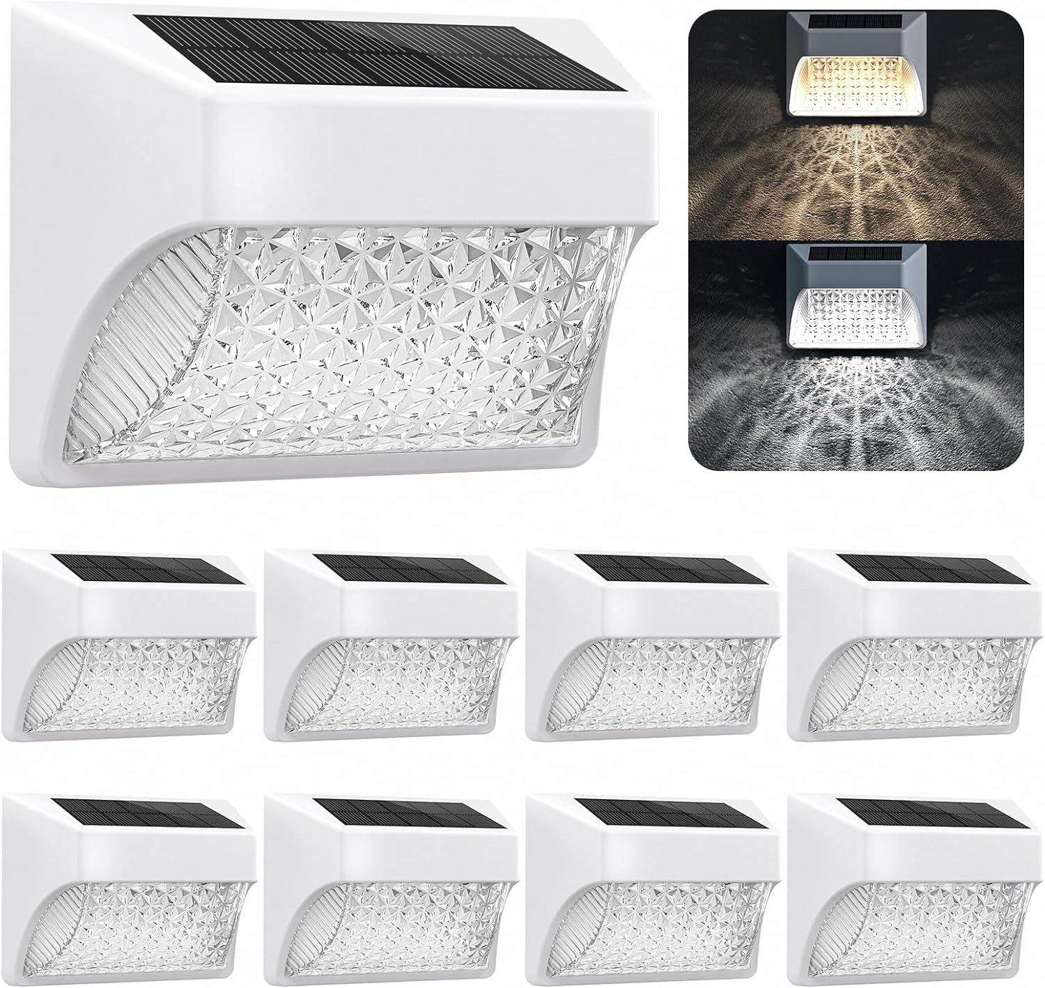 Solar Fence Deck Lights Outdoor 8 Pack Waterproof Dusk to Dawn Warm White/Cool White, Solar Powered LED Lights Decor for Outside Stair Step Yard Patio (White)