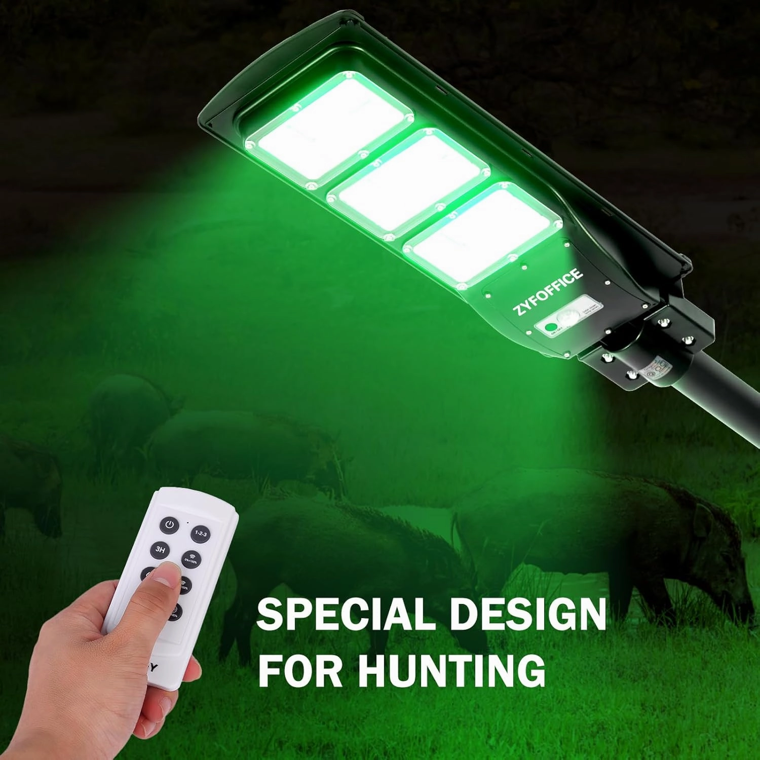 Solar-Powered Hog Hunting Light - 18000 Lumens Green Motion-Activated Light with Remote & 20" Pole for Coyote, Varmint, Deer (Rechargeable, Night Hunting)