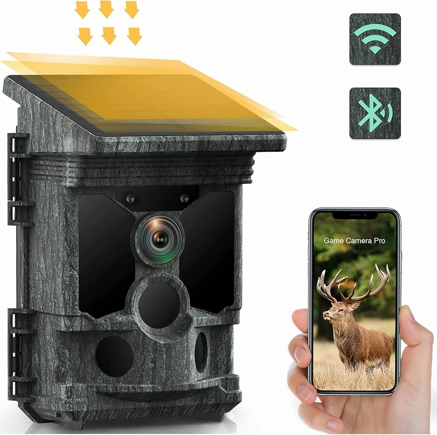 Solar Trail Camera 36MP 4K 30FPS, Bluetooth WiFi Trail Camera 0.1s Trigger Time with 120° Detection Angle Night Vision Motion Activated IP66 Waterproof for Wildlife Monitoring, Black