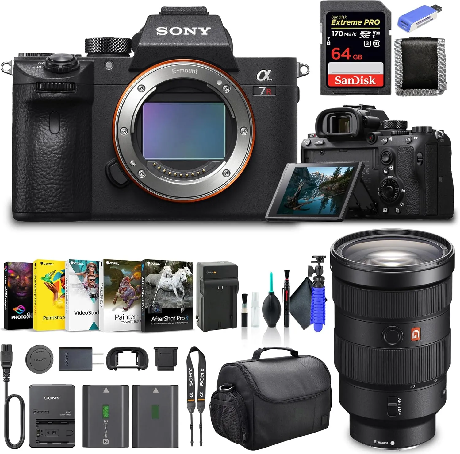 Sony Alpha a7R III Mirrorless Digital Camera Body Only ILCE7RM3/B, Sony FE 24-70mm Lens, 64GB Memory Card, NP-FZ-100 Battery, Corel Photo Software, Case, External Charger, and More