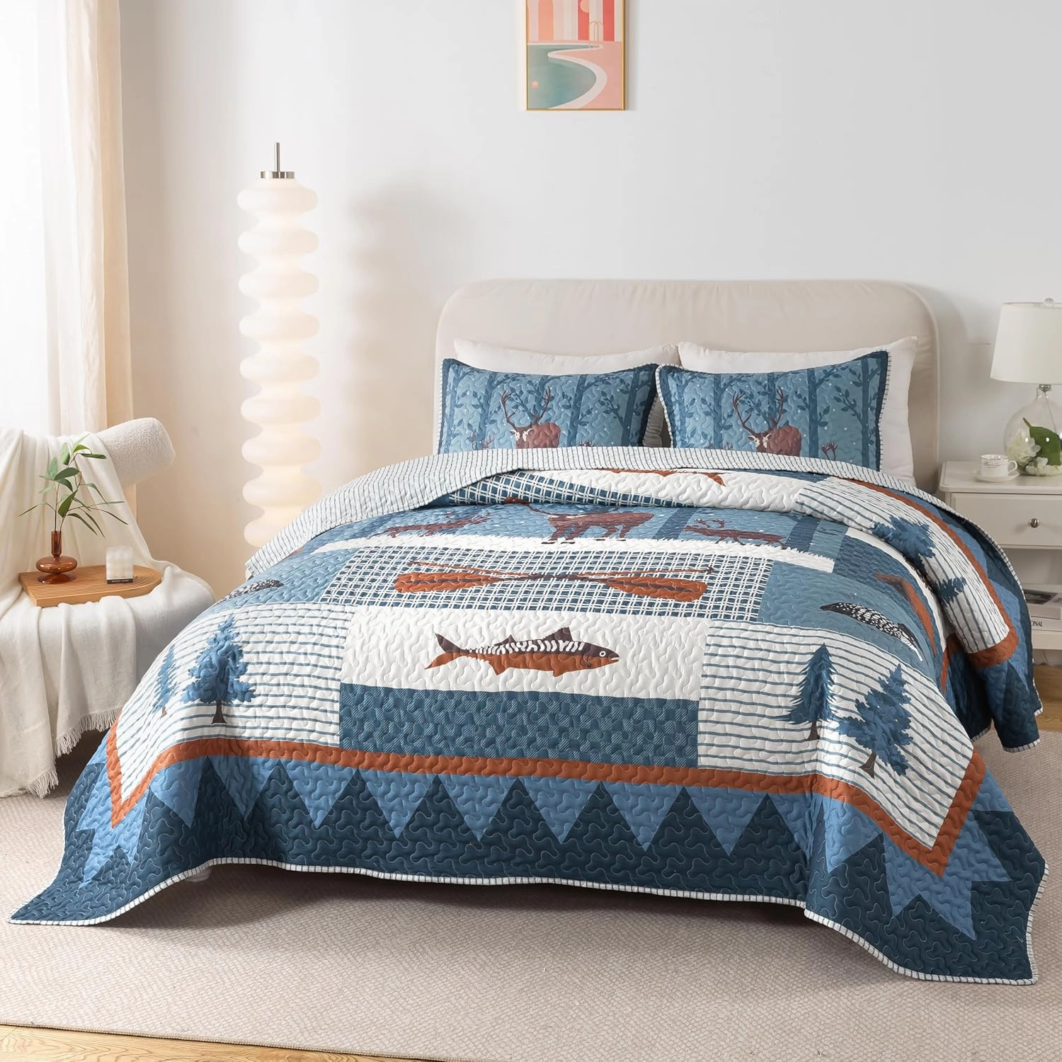 Soul & Lane True North Fish Quilt Set - King Size with 2 Shams, Rustic Cabin Bedding with Wildlife and Outdoor Nature Theme, Lodge Quilted Bedspread with Moose and Duck for Lake House & Hunting Decor