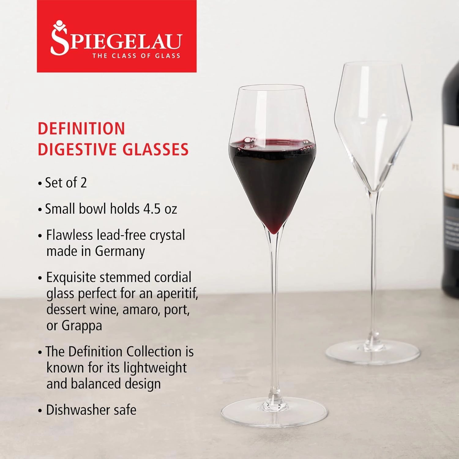 Spiegelau Definition Cordial Glasses - European-Made Stemmed Crystal, Dishwasher Safe Dessert Wine Glasses - 4.5oz Set of 2