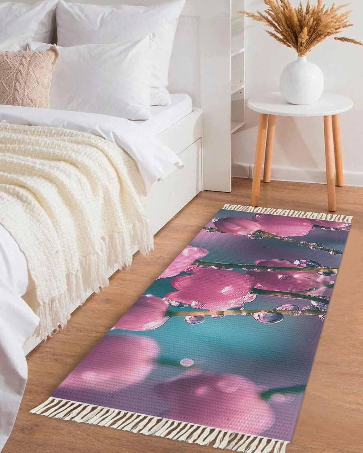 Spring Flowers Kitchen Runner Rug 2x6 Bedside Rug with Tassel Cotton Woven Throw Rugs Washable Hallway Runner Rug Lily of The Valley Summer Floral Floor Carpet for Bedroom Bathroom Living Room