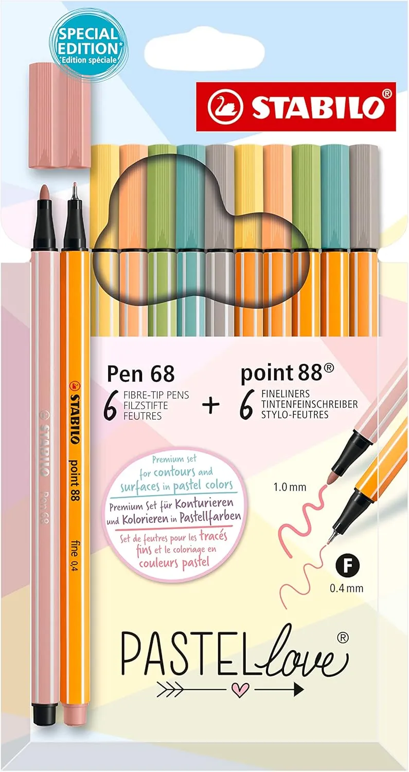 STABILO Pen Set Pastelove Set - Pack of 12 - point 88 & Pen 68 - Fineliners & Fiber-Tip Pens - Assorted Colors