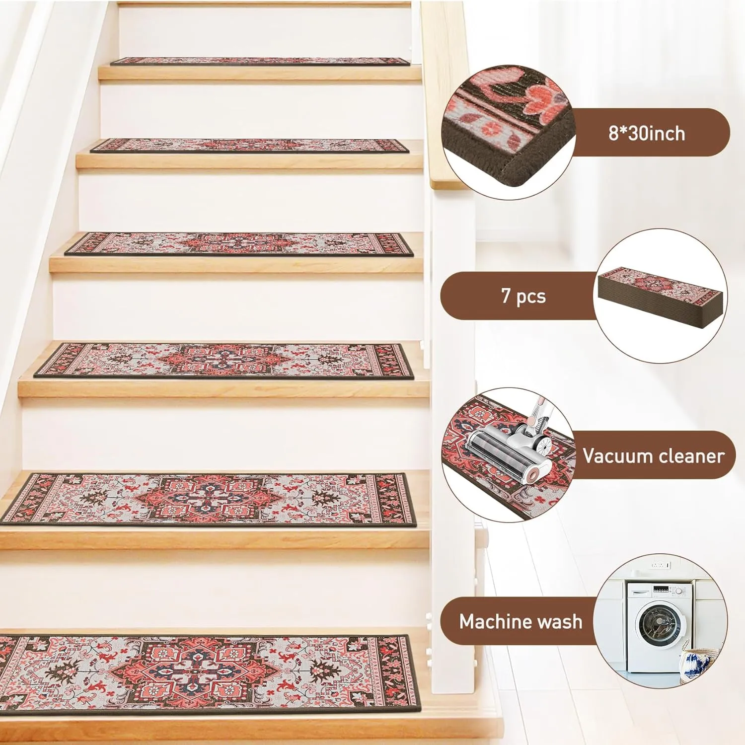 Stair Treads for Wooden Steps Indoor, 7 Pack 8" X 30" Non Slip Stair Treads with Reusable Adhesive for Kids Elders and Dogs, TPR Backing Stair Rugs Oriental Staircase Step Treads,Bohemia