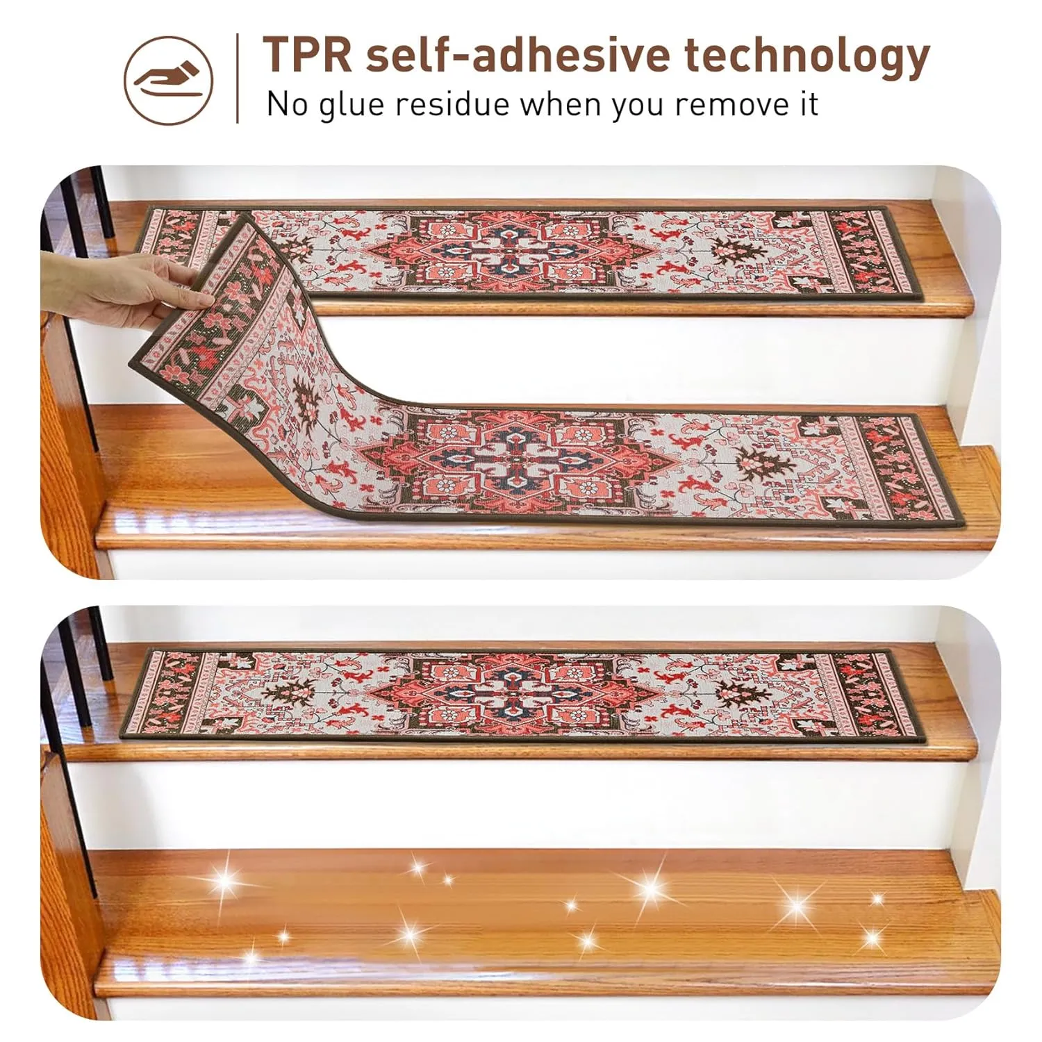 Stair Treads for Wooden Steps Indoor, 7 Pack 8" X 30" Non Slip Stair Treads with Reusable Adhesive for Kids Elders and Dogs, TPR Backing Stair Rugs Oriental Staircase Step Treads,Bohemia