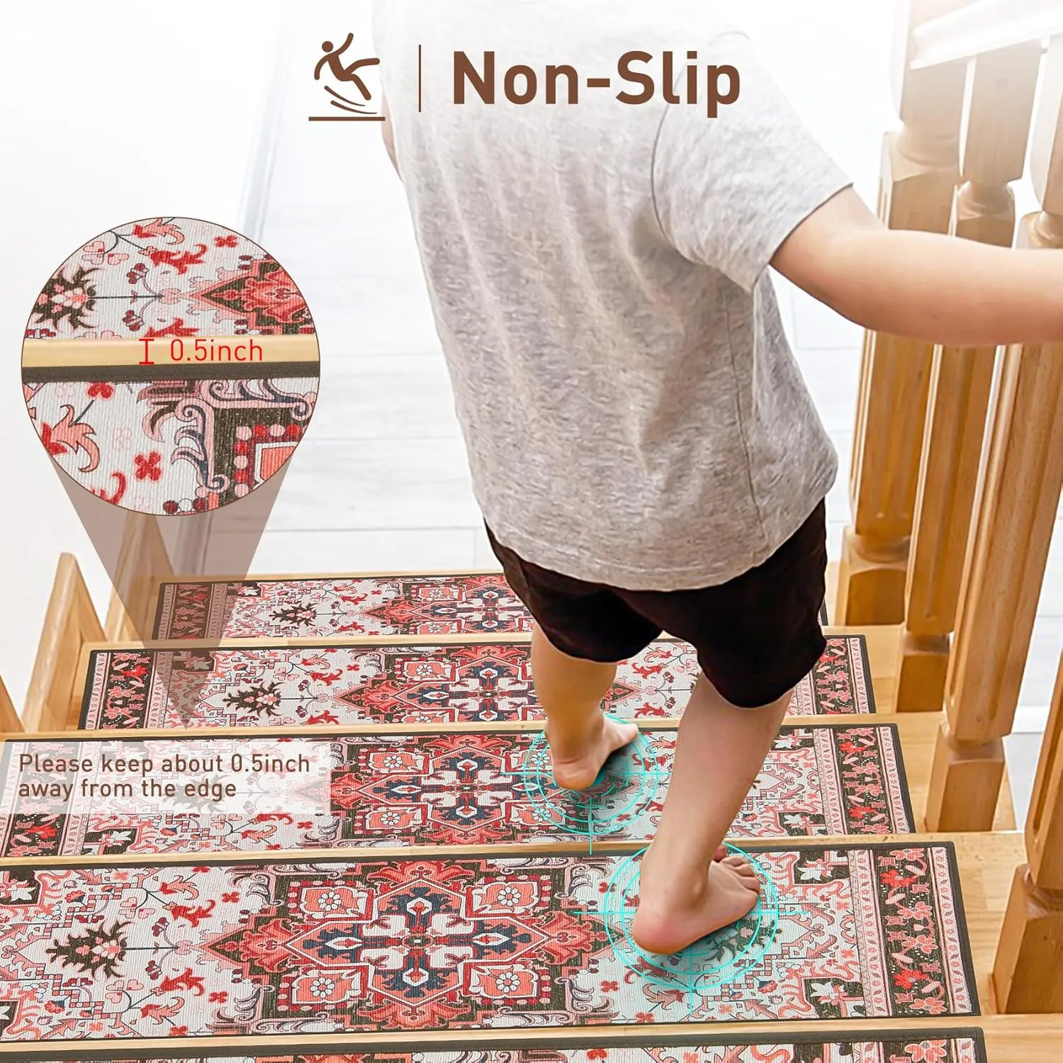 Stair Treads for Wooden Steps Indoor, 7 Pack 8" X 30" Non Slip Stair Treads with Reusable Adhesive for Kids Elders and Dogs, TPR Backing Stair Rugs Oriental Staircase Step Treads,Bohemia