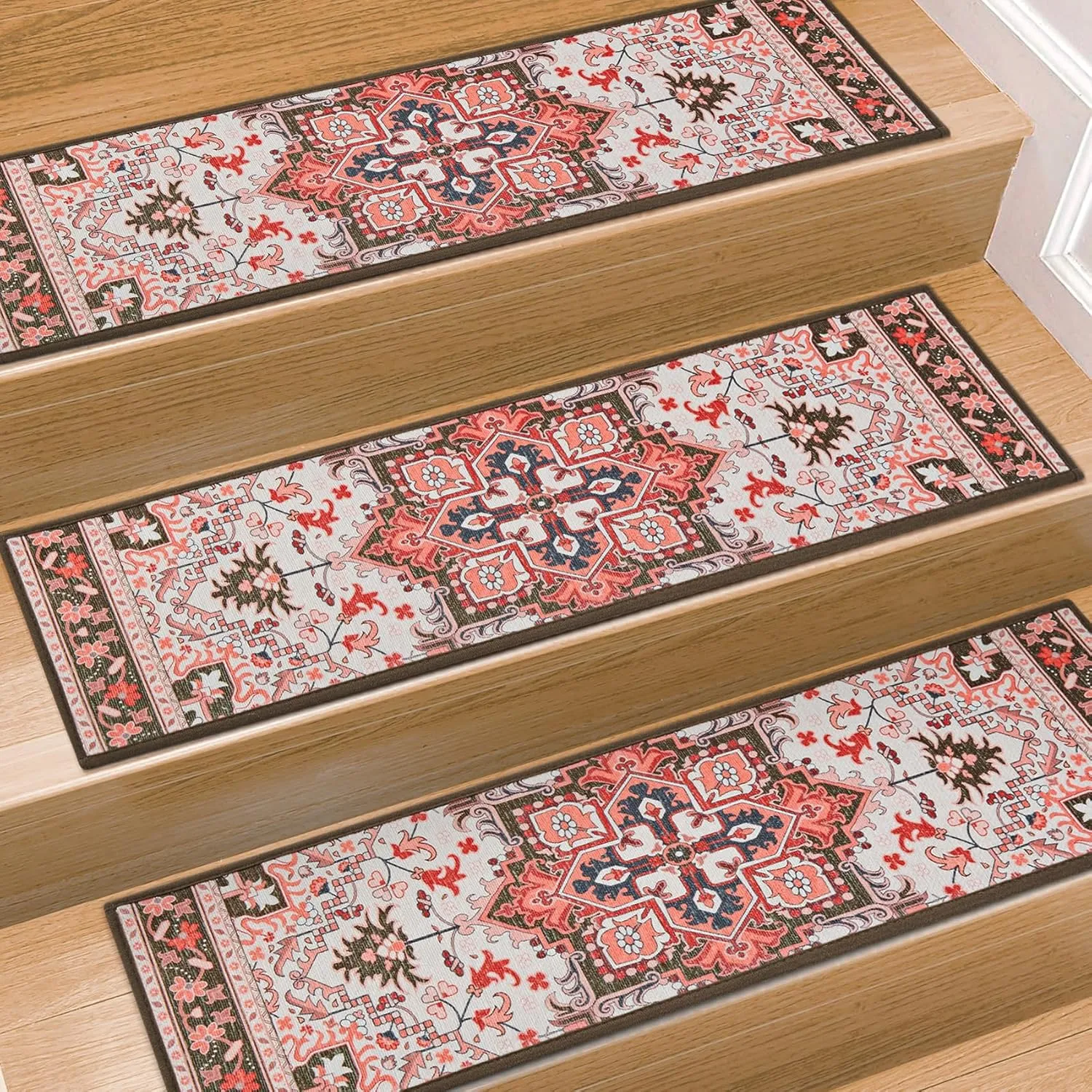 Stair Treads for Wooden Steps Indoor, 7 Pack 8" X 30" Non Slip Stair Treads with Reusable Adhesive for Kids Elders and Dogs, TPR Backing Stair Rugs Oriental Staircase Step Treads,Bohemia