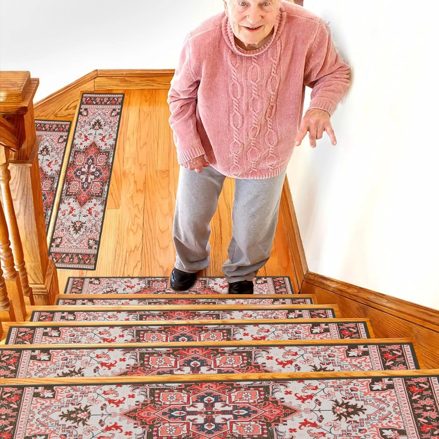 Stair Treads for Wooden Steps Indoor, 7 Pack 8" X 30" Non Slip Stair Treads with Reusable Adhesive for Kids Elders and Dogs, TPR Backing Stair Rugs Oriental Staircase Step Treads,Bohemia