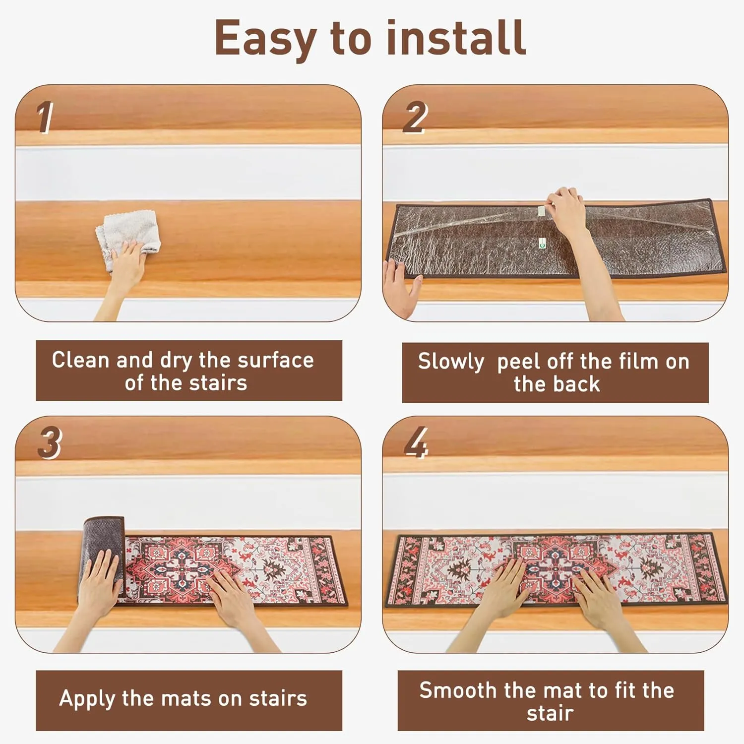 Stair Treads for Wooden Steps Indoor, 7 Pack 8" X 30" Non Slip Stair Treads with Reusable Adhesive for Kids Elders and Dogs, TPR Backing Stair Rugs Oriental Staircase Step Treads,Bohemia