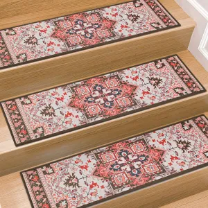 Stair Treads for Wooden Steps Indoor, 7 Pack 8" X 30" Non Slip Stair Treads with Reusable Adhesive for Kids Elders and Dogs, TPR Backing Stair Rugs Oriental Staircase Step Treads,Bohemia