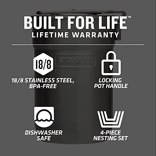 Stanley Adventure Camp Cook Set - 24oz Kettle with 2 Ceramic Cups - Stainless Steel Camping Cookware with Vented Lids & Foldable   Locking Handle - Lightweight Cook Pot for Backpacking/Hiking/Camping