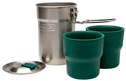 Stanley Adventure Camp Cook Set - 24oz Kettle with 2 Ceramic Cups - Stainless Steel Camping Cookware with Vented Lids & Foldable   Locking Handle - Lightweight Cook Pot for Backpacking/Hiking/Camping