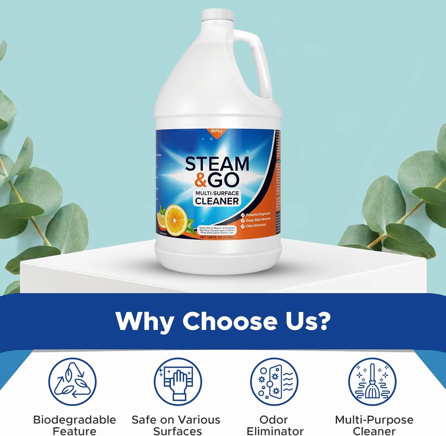 Steam and Go Multi-Purpose Cleaner - Intense Degreaser, Deep Stain Remover, Odor Eliminator with Oxy Power Ideal for Home or Office - Household Multi Surface Cleaner Refill - Orange Scent 1 Gallon