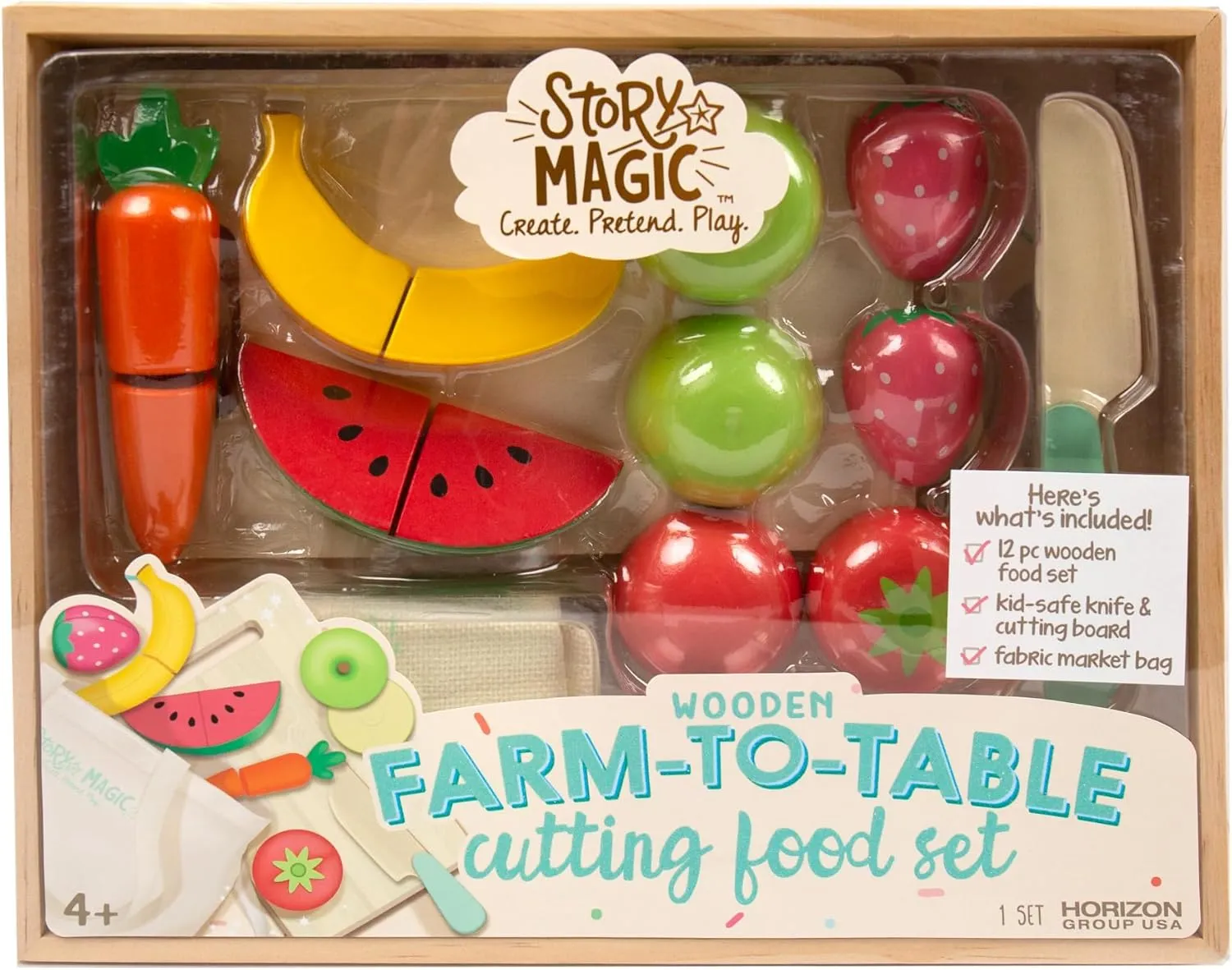 Story Magic Wooden Farm-to-Table Cutting Set, Wooden Play Food Toy, Kids Wood Cutting Fruits & Veggies, Toddler Cooking Pretend Play Kitchen Set