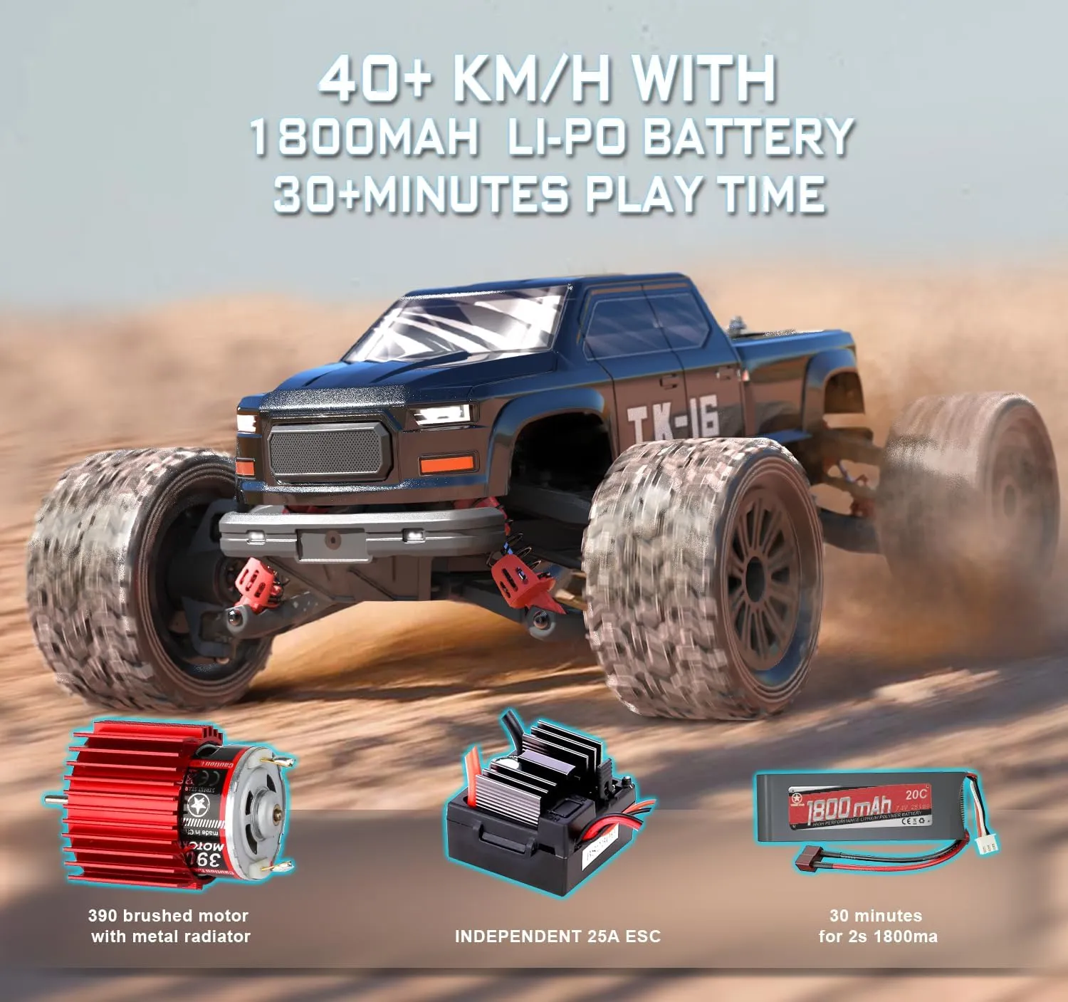 STREETSTAR 1/16 Scale All Terrain RC Car, 40KPH High Speed 4WD Electric Vehicle with 2.4 GHz Remote Control, Waterproof, 1800mAh Li-Po, 30  Min Playtime- TK-16 Red