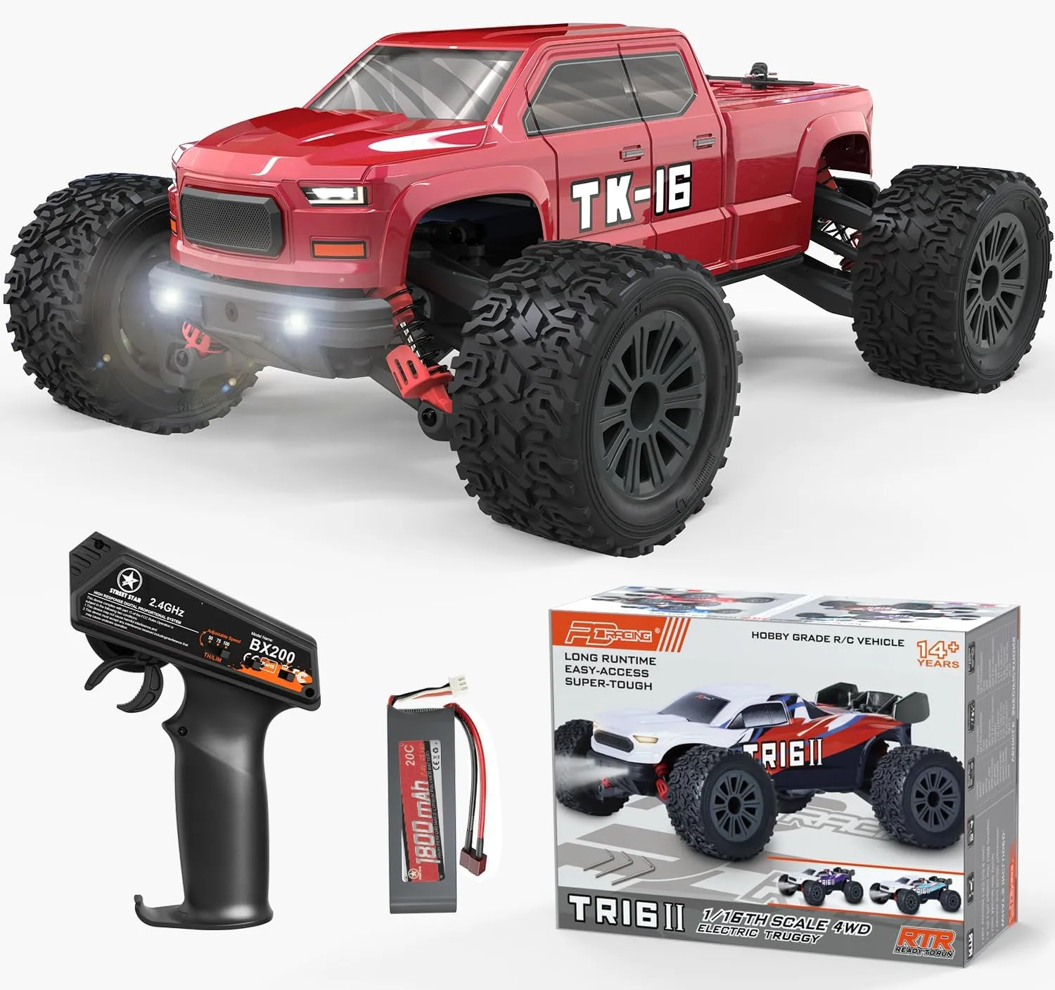 STREETSTAR 1/16 Scale All Terrain RC Car, 40KPH High Speed 4WD Electric Vehicle with 2.4 GHz Remote Control, Waterproof, 1800mAh Li-Po, 30  Min Playtime- TK-16 Red