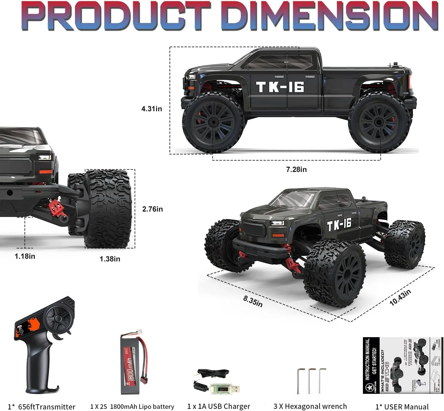 STREETSTAR 1/16 Scale All Terrain RC Car, 40KPH High Speed 4WD Electric Vehicle with 2.4 GHz Remote Control, Waterproof, 1800mAh Li-Po, 30  Min Playtime- TK-16 Red