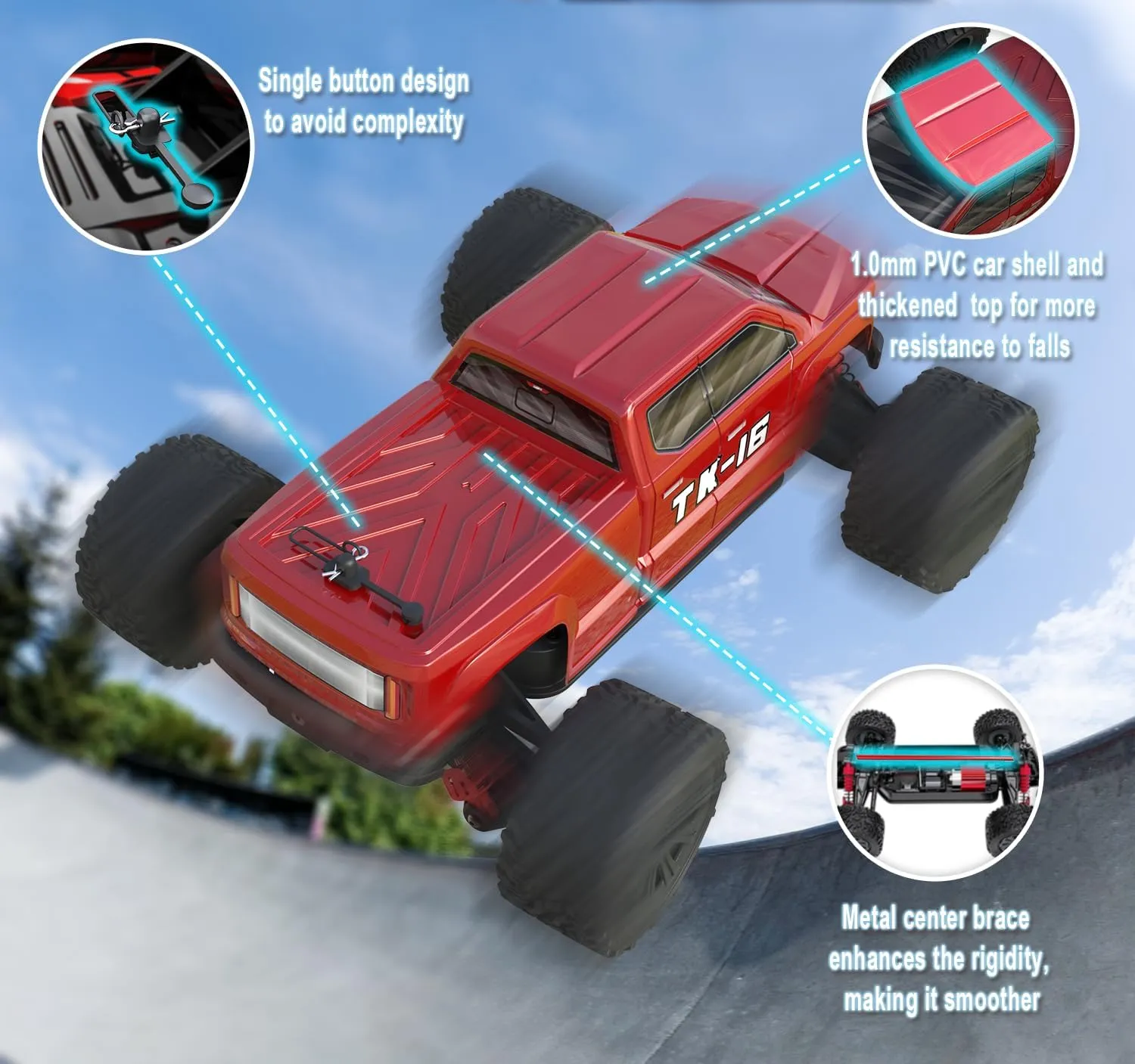 STREETSTAR 1/16 Scale All Terrain RC Car, 40KPH High Speed 4WD Electric Vehicle with 2.4 GHz Remote Control, Waterproof, 1800mAh Li-Po, 30  Min Playtime- TK-16 Red