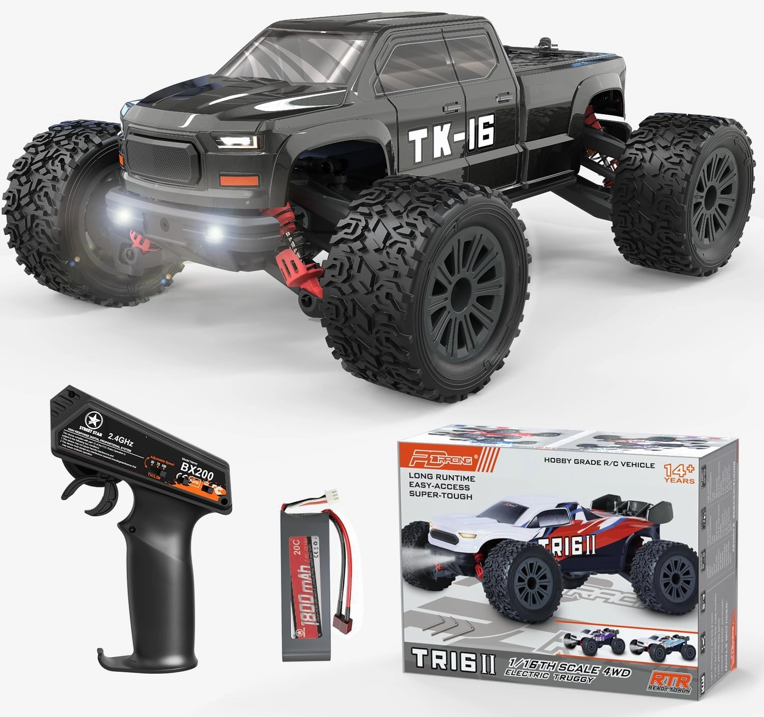 STREETSTAR 1/16 Scale All Terrain RC Car, 40KPH High Speed 4WD Electric Vehicle with 2.4 GHz Remote Control, Waterproof, 1800mAh Li-Po, 30  Min Playtime - TK-16 Black