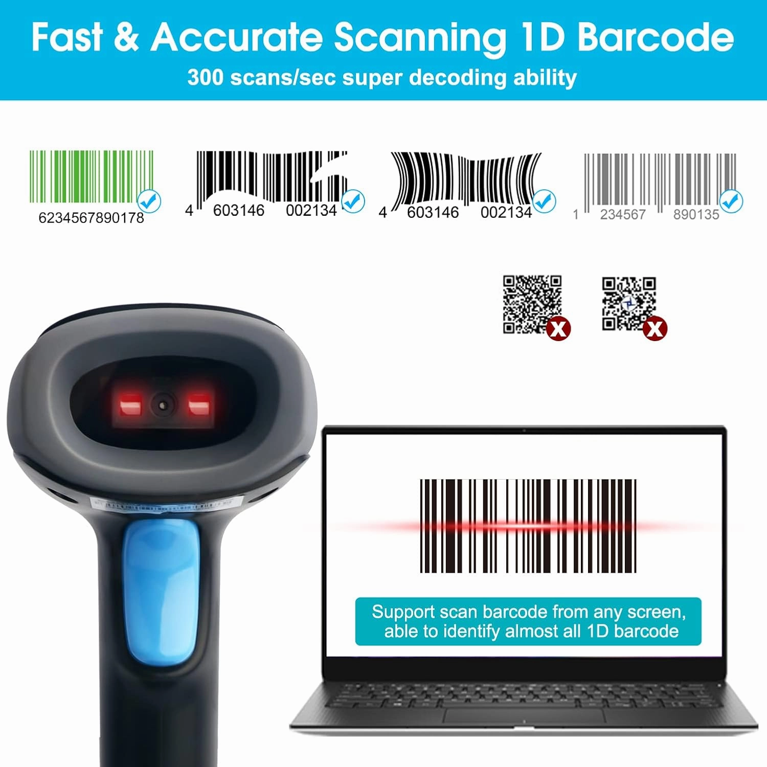 Sumicor 1D Barcode Scanner, 2.4G Wireless & USB Connection Compatible with Windows 7 10 11, CCD Sensor Handheld Bar Code Reader with Holder (1D 2.4G Wireless)