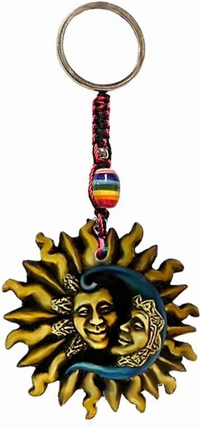 Sun and Moon Celestial 3D Figurine Keychain Multicolored Macramé Metal Ring - Handmade Gifts Boho Car Keys Bag Accessories