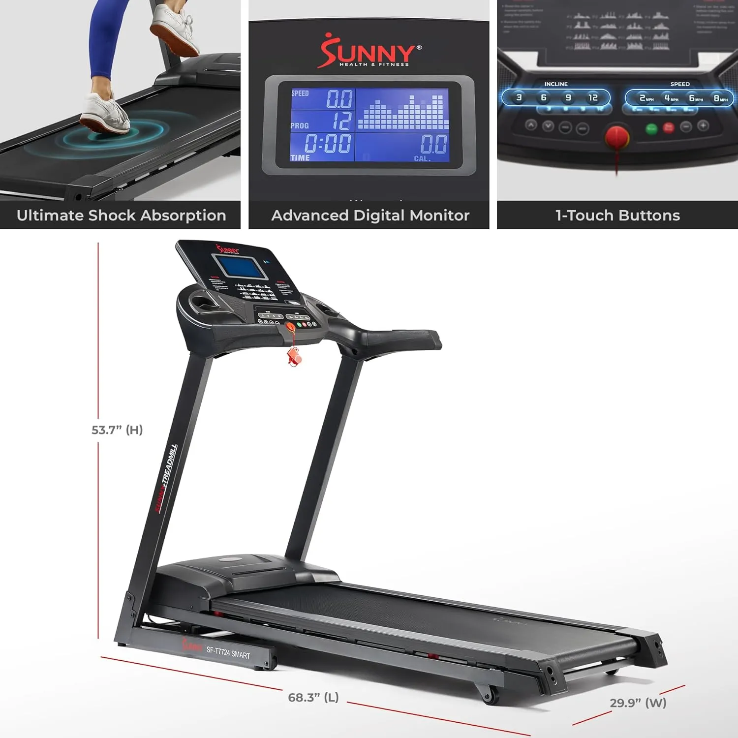 Sunny Health & Fitness Energy Flex Motorized Treadmill with Shock Absorption, Automatic Incline, Easy Foldable Design, Pulse Sensors, Digital Display, Optional Free SunnyFit® App Bluetooth Connection