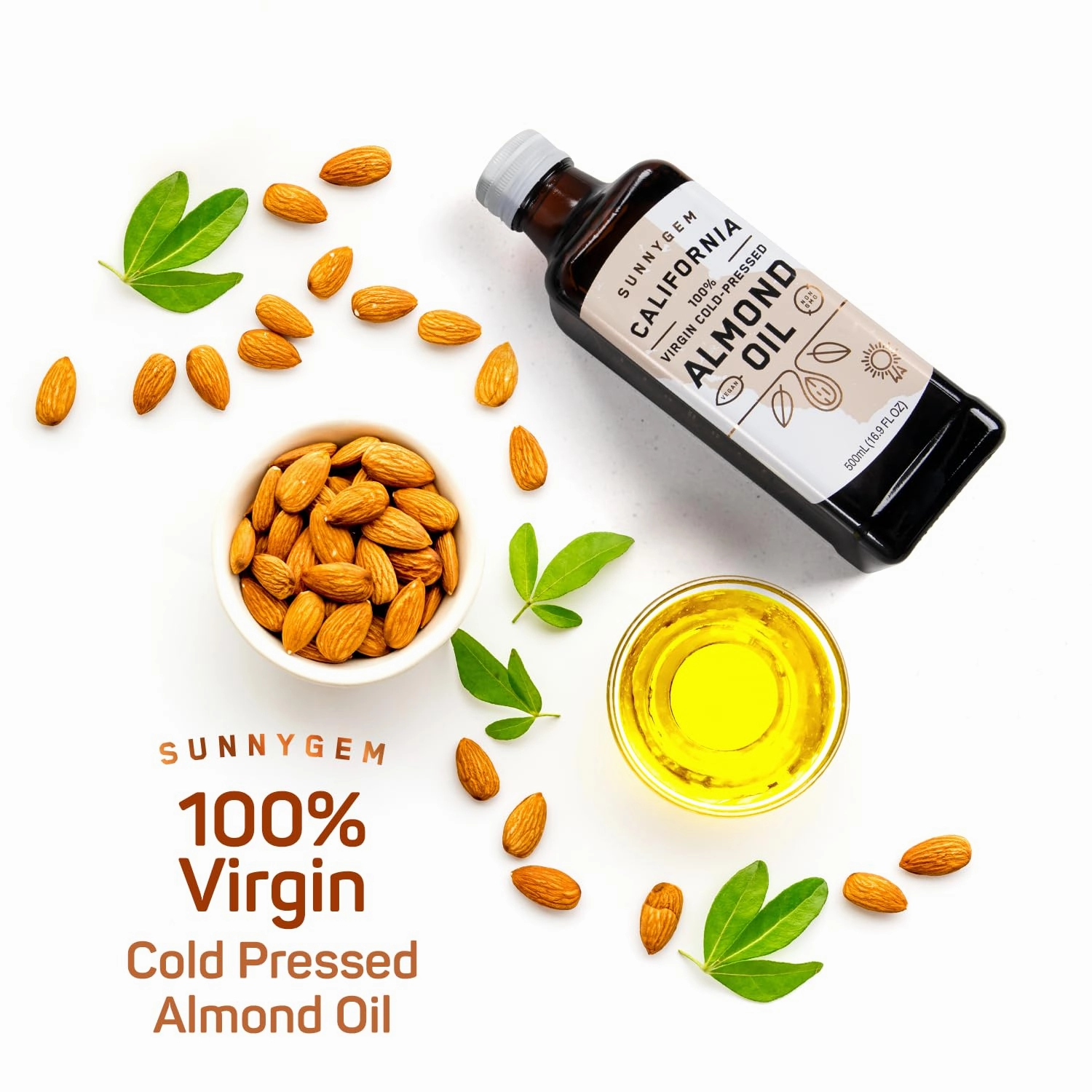 Sunnygem 100% Virgin Cold Pressed California Almond Oil 16.9 FL OZ - Perfect for Cooking, Baking, Grilling, Dipping & Marinating - Beneficial for Skin, Hair & Face Care