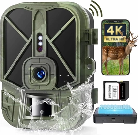 SuntekCam WiFi Trail Camera 4K 36MP Bluetooth Built-in 10000mAH Rechargeable Lithium Battery, Game Camera with No Glow Night Vision Activated Waterproof for Wildlife Deer Scouting Hunting