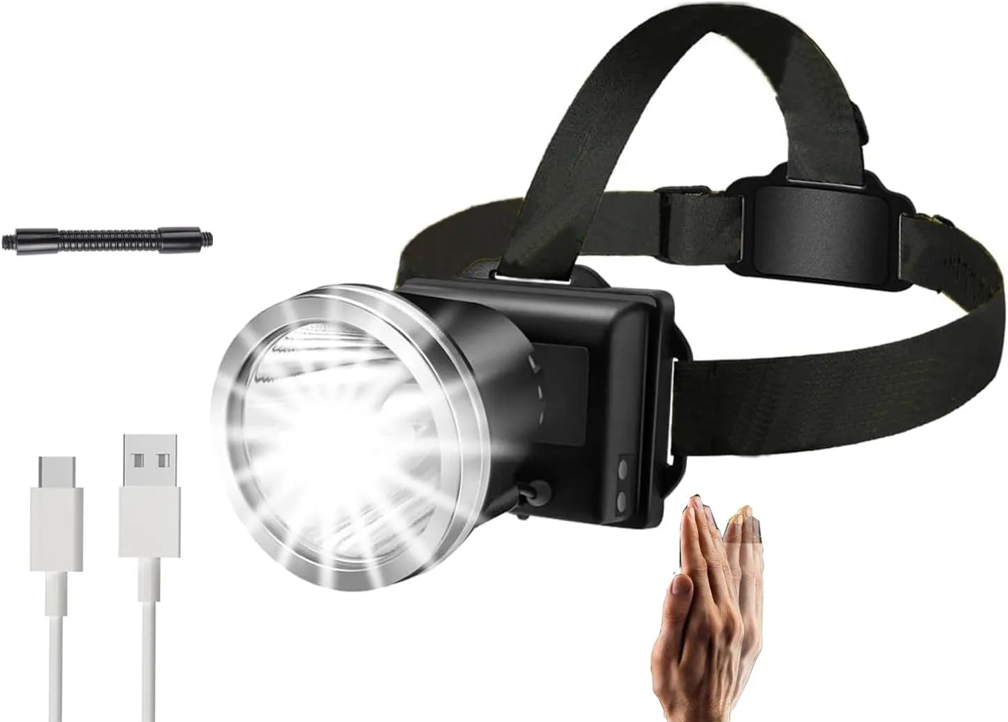 Super Bright Rechargeable Headlamp Led Spotlight Head Lamp, USB C Waterproof Headlight for Forehead with long Battery Life, 90°adjustable Sensor Headlamps Flashlight for Outdoor Hunting,Fishing,Hiking