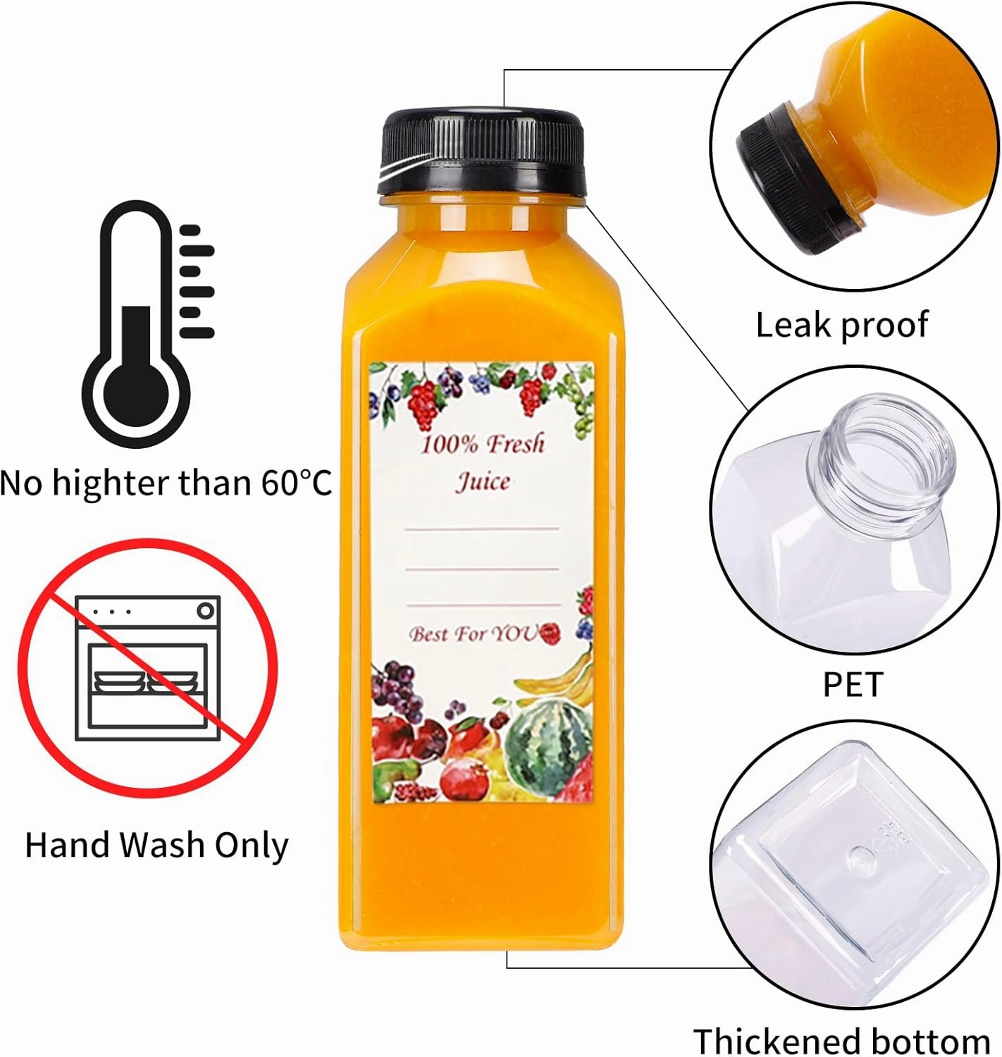 SUPERLELE 20pcs 12oz Plastic Juice Bottles with Caps, Reusable Juicing Bottles, Clear Drink Containers with Lids for Juicing, Smoothie and Other Beverages
