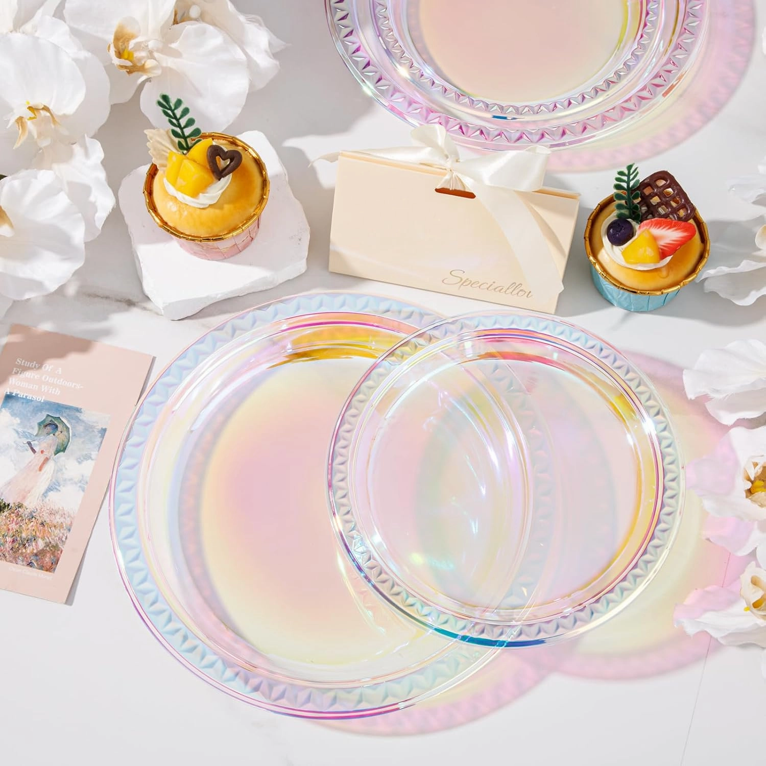 Supernal 120 Pcs Iridescent Sparkle Plastic Plates,Disposable Plates for Party Birthday Wedding,Festival, Clear Neon Rainbow Plastic Plates,60 Pcs Dinner Plates and 60 Pcs Dessert Plates