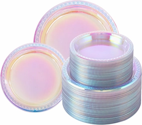Supernal 120 Pcs Iridescent Sparkle Plastic Plates,Disposable Plates for Party Birthday Wedding,Festival, Clear Neon Rainbow Plastic Plates,60 Pcs Dinner Plates and 60 Pcs Dessert Plates