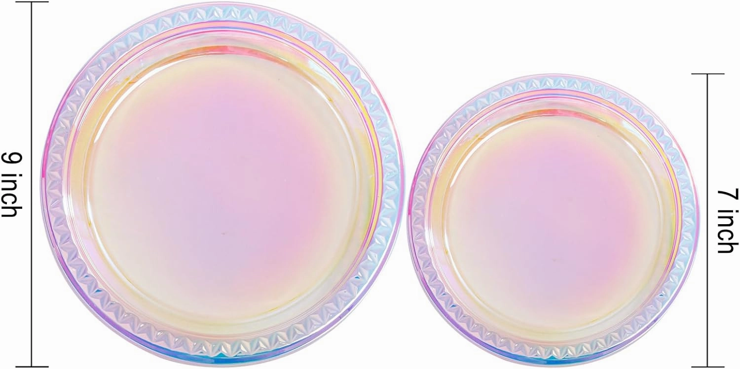 Supernal 120 Pcs Iridescent Sparkle Plastic Plates,Disposable Plates for Party Birthday Wedding,Festival, Clear Neon Rainbow Plastic Plates,60 Pcs Dinner Plates and 60 Pcs Dessert Plates