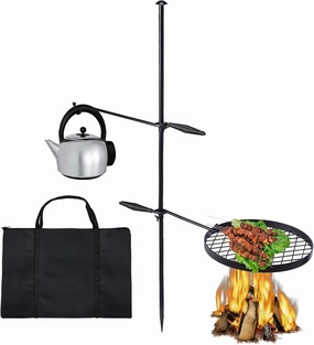 Swivel Campfire Grill, Open Fire Cooking Equipment for Camping with Height Adjustable Grill Grate and Hanger Rod and Carry Bag