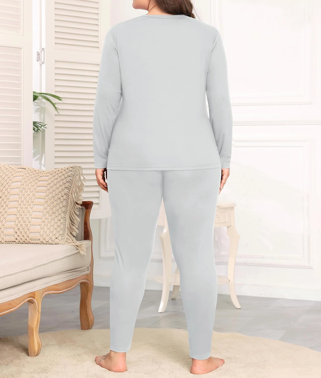 SWOMOG Plus Size Thermal Underwear Sets for Women Long Johns Base Layer Set 2 Pcs Underwear Top & Bottom Pajama Set