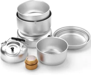 TARSHYRY 10pcs Camping Cookware Mess Kit, Lightweight Pot Pan Mini Stove for Backpacking, Outdoor Camping Hiking and Picnic(Kettle, Pot, Frying Pan, Stove, Hand vice)