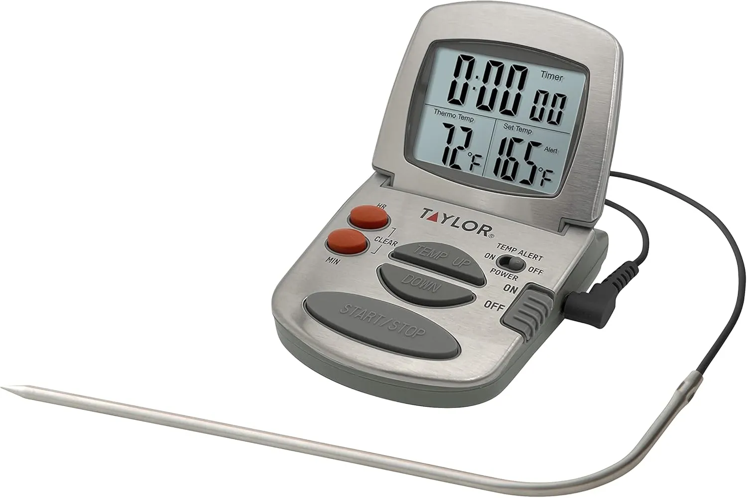 Taylor Programmable with Timer Instant Read Wired Probe Digital, Meat, Food, Grill BBQ Cooking Kitchen Thermometer, Stainless Steel