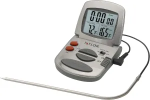 Taylor Programmable with Timer Instant Read Wired Probe Digital, Meat, Food, Grill BBQ Cooking Kitchen Thermometer, Stainless Steel