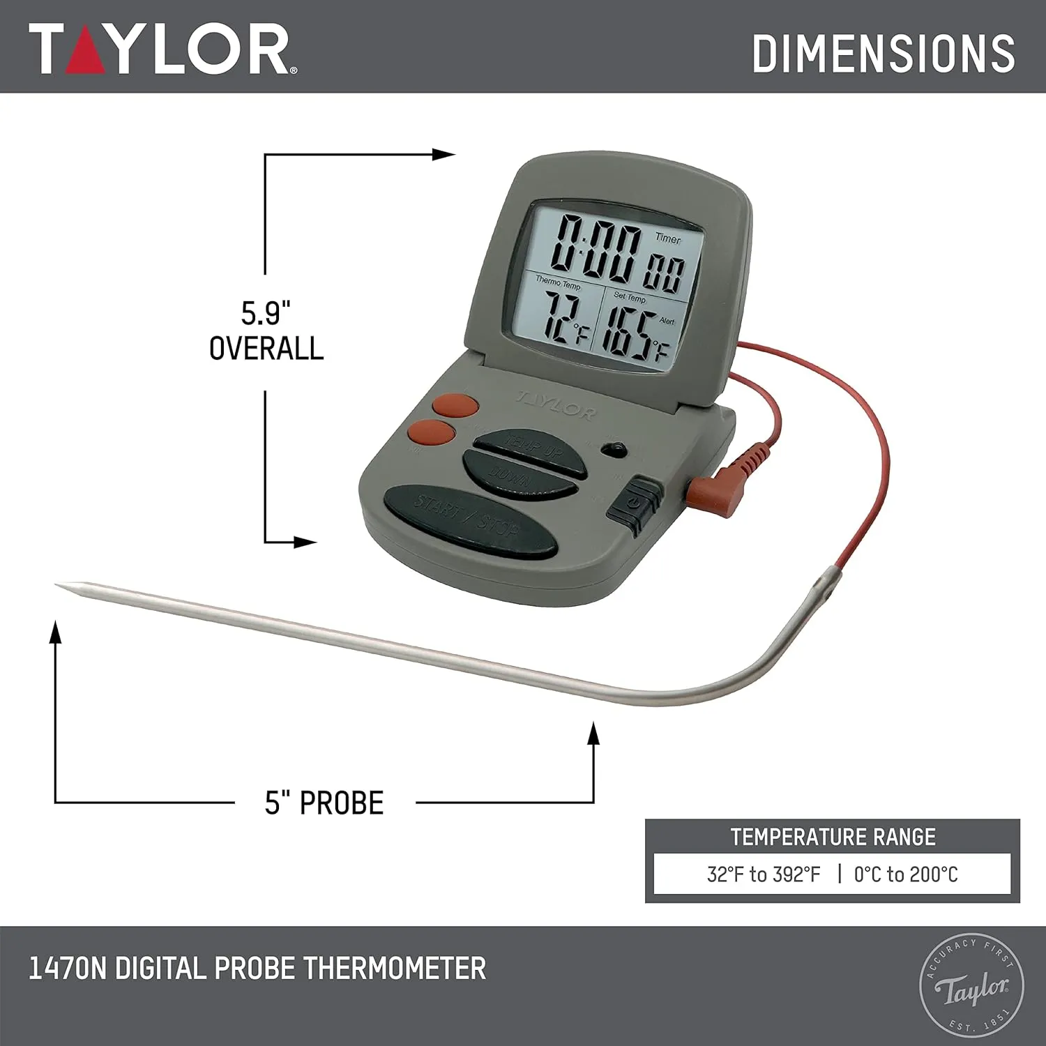 Taylor Programmable with Timer Instant Read Wired Probe Digital, Meat, Food, Grill BBQ Cooking Kitchen Thermometer with Timer, Gray